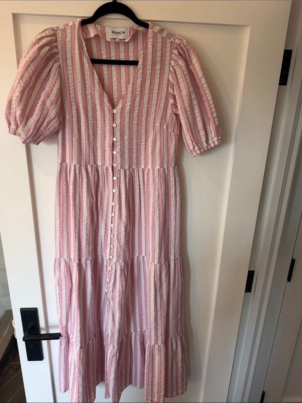 FRNCH Pink and White Striped Button-Tiered Midi Dress